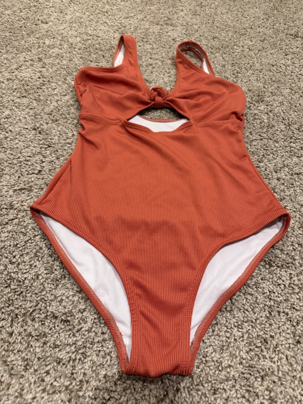 Rust Ribbed One-Piece Swimsuit with Front Knot Cutout